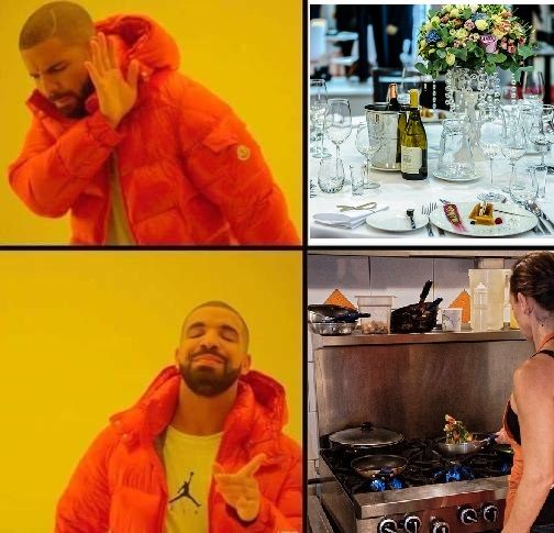 Meme hombre vestido de naranjo diciendo restaurant no, cocinar si.