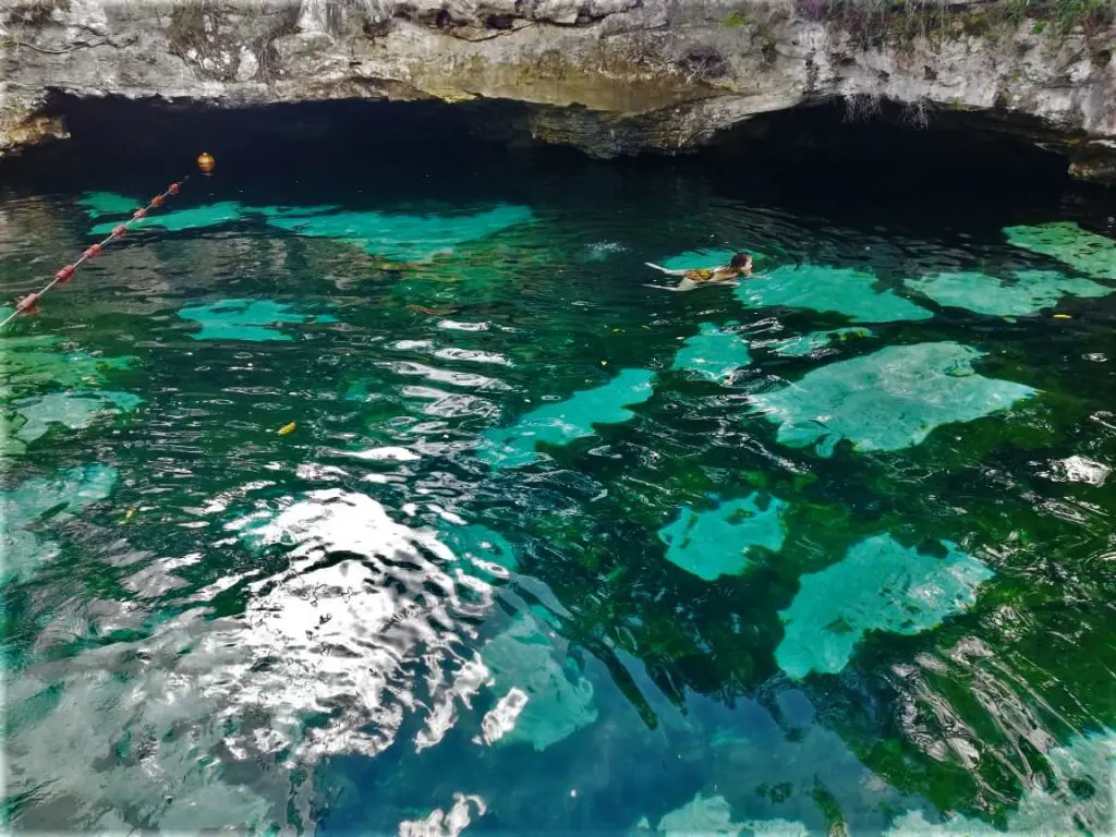 Persona nadando en el Cenote Azul.