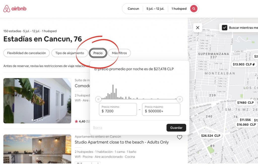 Filtrar precios en airbnb.